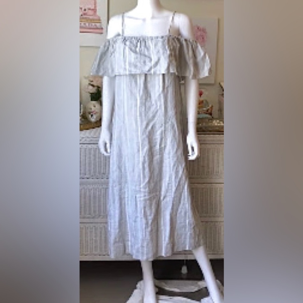 Ganni Reiko Maxi Dress Linen Off Shoulder Striped in light grey & white size S